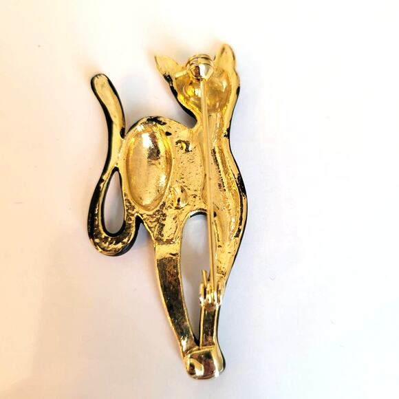Vintage Cat Brooch Black Enamel Gold Tone Rhinestone Eyes Catcore Black Cat - Picture 6 of 12